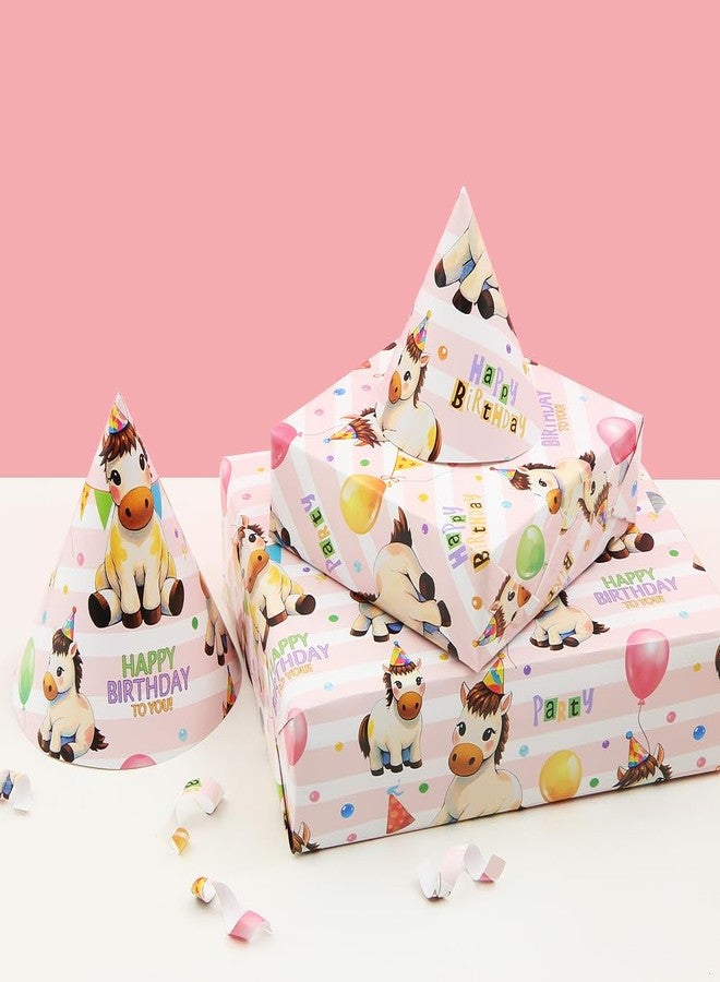Geluode Horse Birthday Wrapping Paper, Safari Jungle Party Baby White Horse With Birthday Hat and Balloon Wrapping Paper - 6 Sheets Folded Flat 20x28Inches Gift Wrap for Girls Boys Kids Birthday Holiday - Image 5